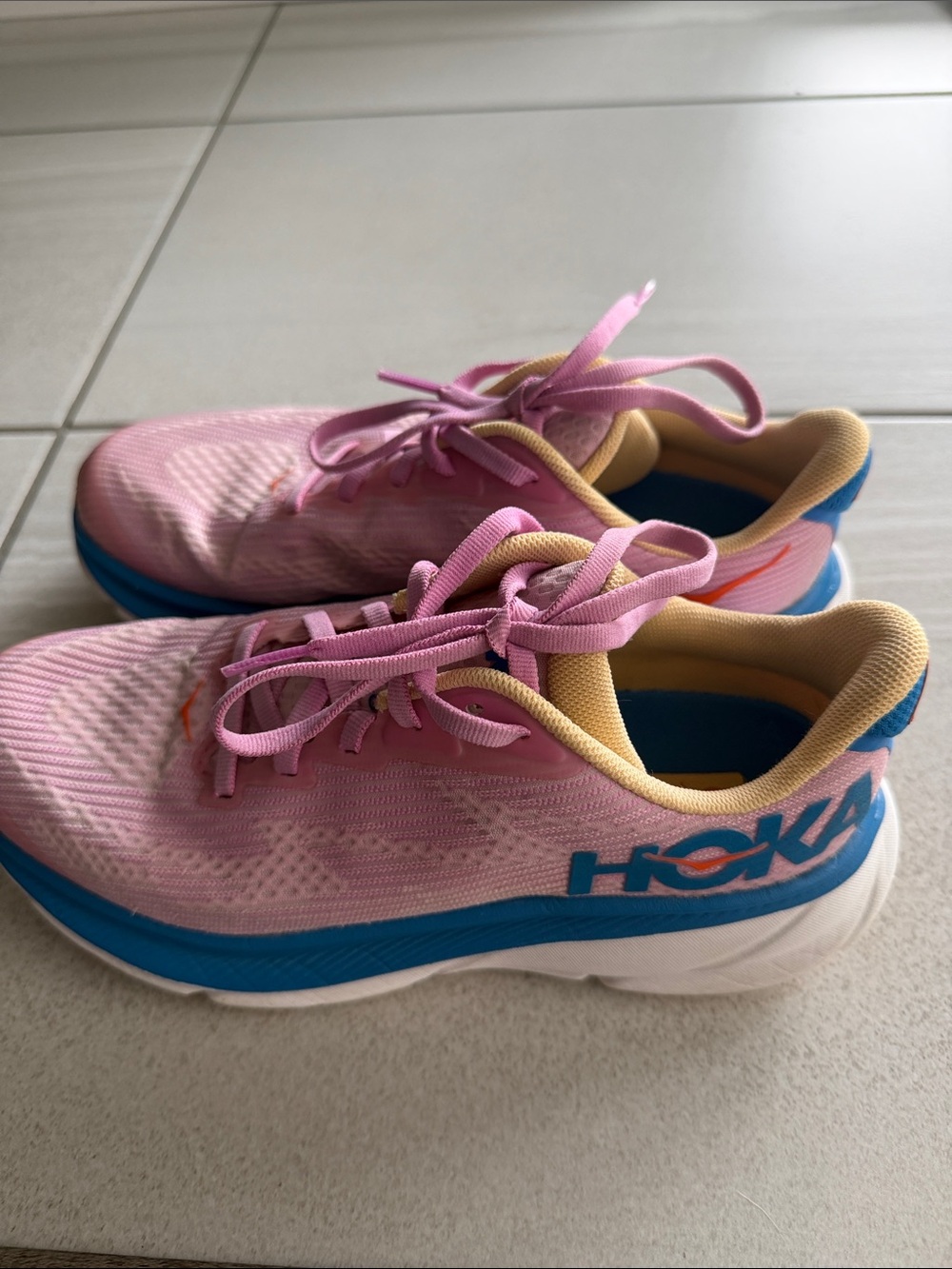 Hoka Kids Pink and Blue Lace-Up Sneakers with Yellow Trim